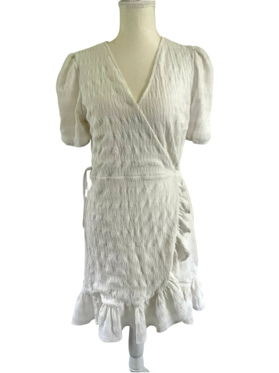 MNG Dresses & Skirts - Mango White Textured Ruffle Wrap Mini Dress Size 6 / M